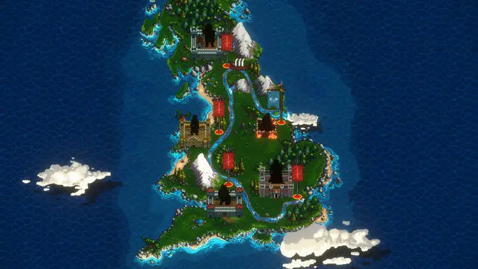 Una mappa del mondo in stile gioco retrò in Sons of Valhalla
