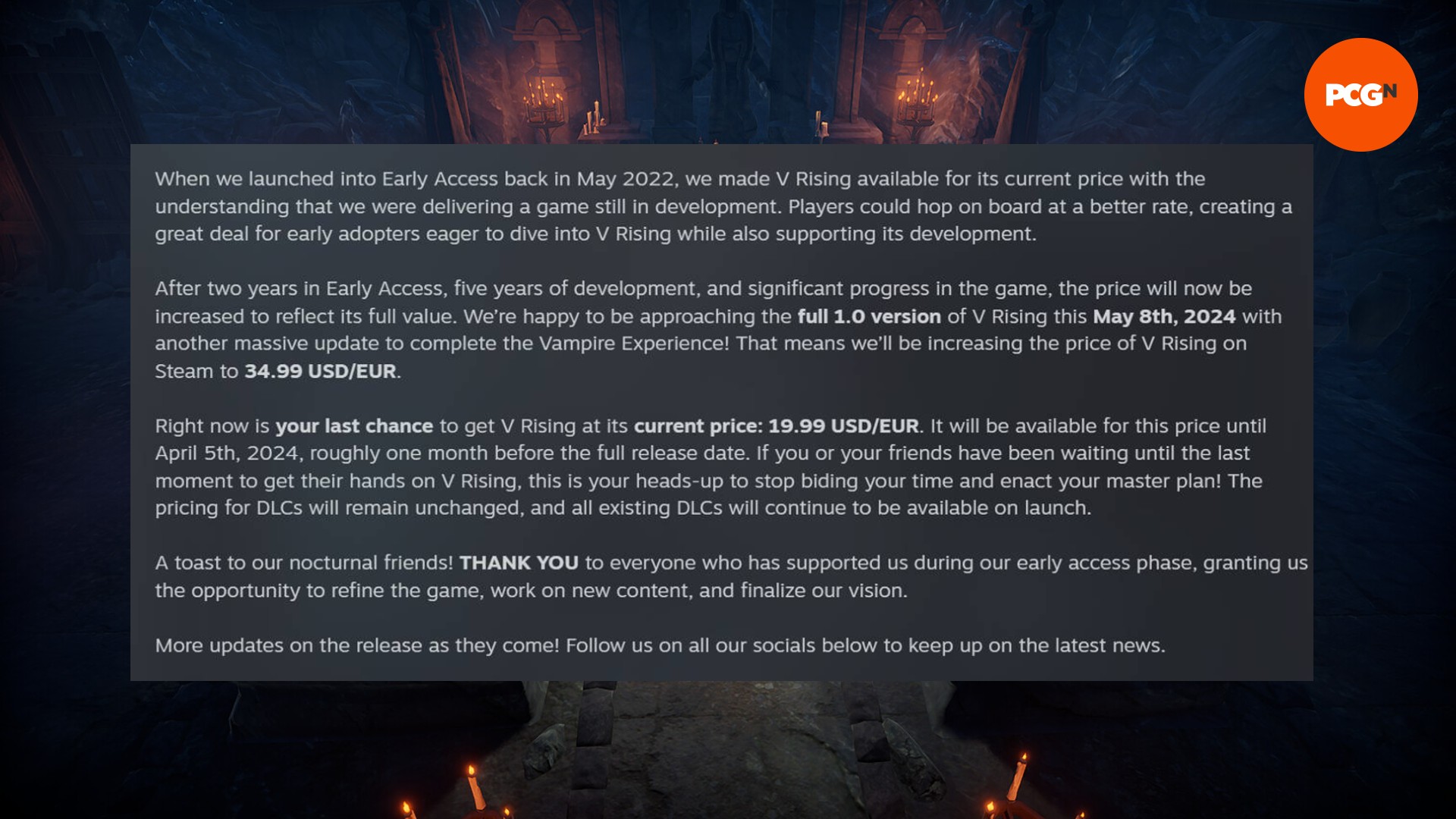 Un post sul blog di Steam dello studio V Rising Stunlock che parla dell'aumento di prezzo per il lancio completo