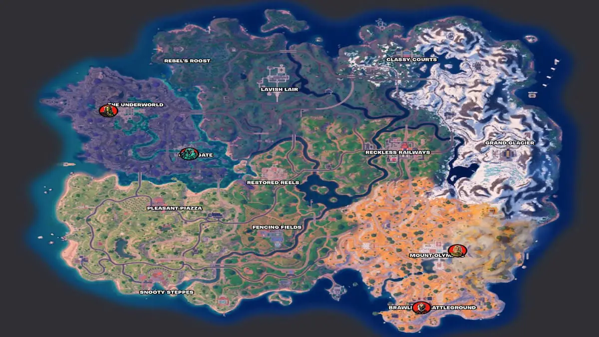 Mapa Fortnite Chapter 5 Season 2 s ikonami všech lokací božských bossů