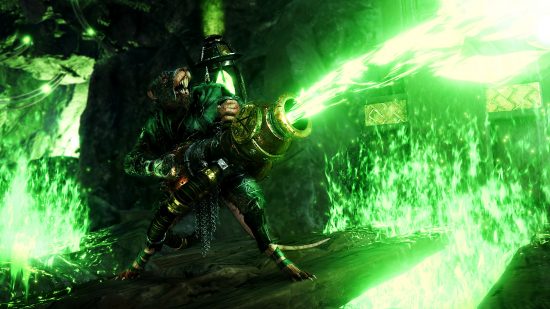 Warhammer Vermintide 2 versus režim - Skaven střílí zeleného gunk z velkého děla.