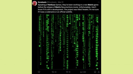 Nuevas filtraciones del juego Matrix: una imagen de Kurakasis hablando de Matrix Awake.