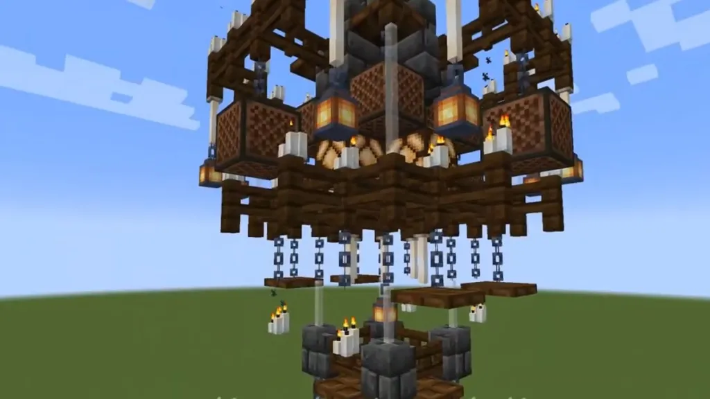 Složitý středověký lustr v Minecraftu