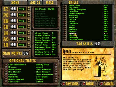 Una pantalla de una versión Steam del Fallout 2 original, que muestra una pantalla de estadísticas con una foto de Vault Boy en la parte inferior derecha.