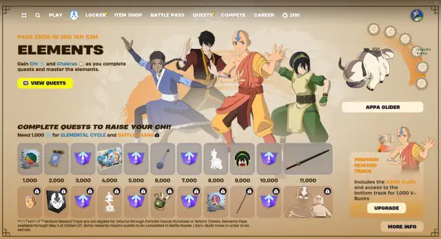 Odměny All Elements Pass ve Fortnite, včetně skinu Aang.