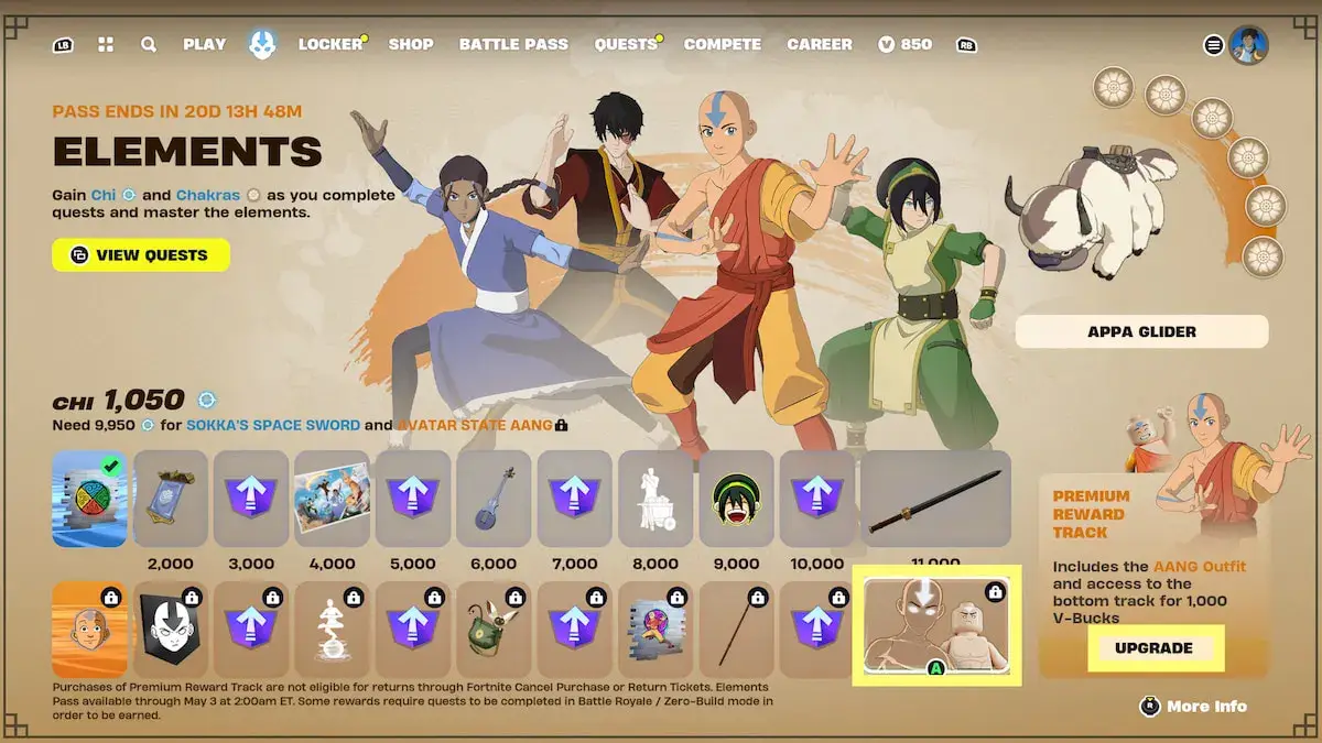 Stránka průchodu událostí se všemi odměnami za avatary a stylem Avatar State Aang na posledním prémiovém místě na trati