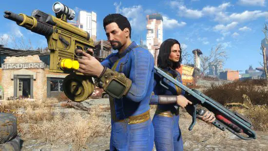 Aktualizace Fallout 4 Next-Gen: Dva tmavovlasí lidé v modrých kombinézách a mající podivné zbraně