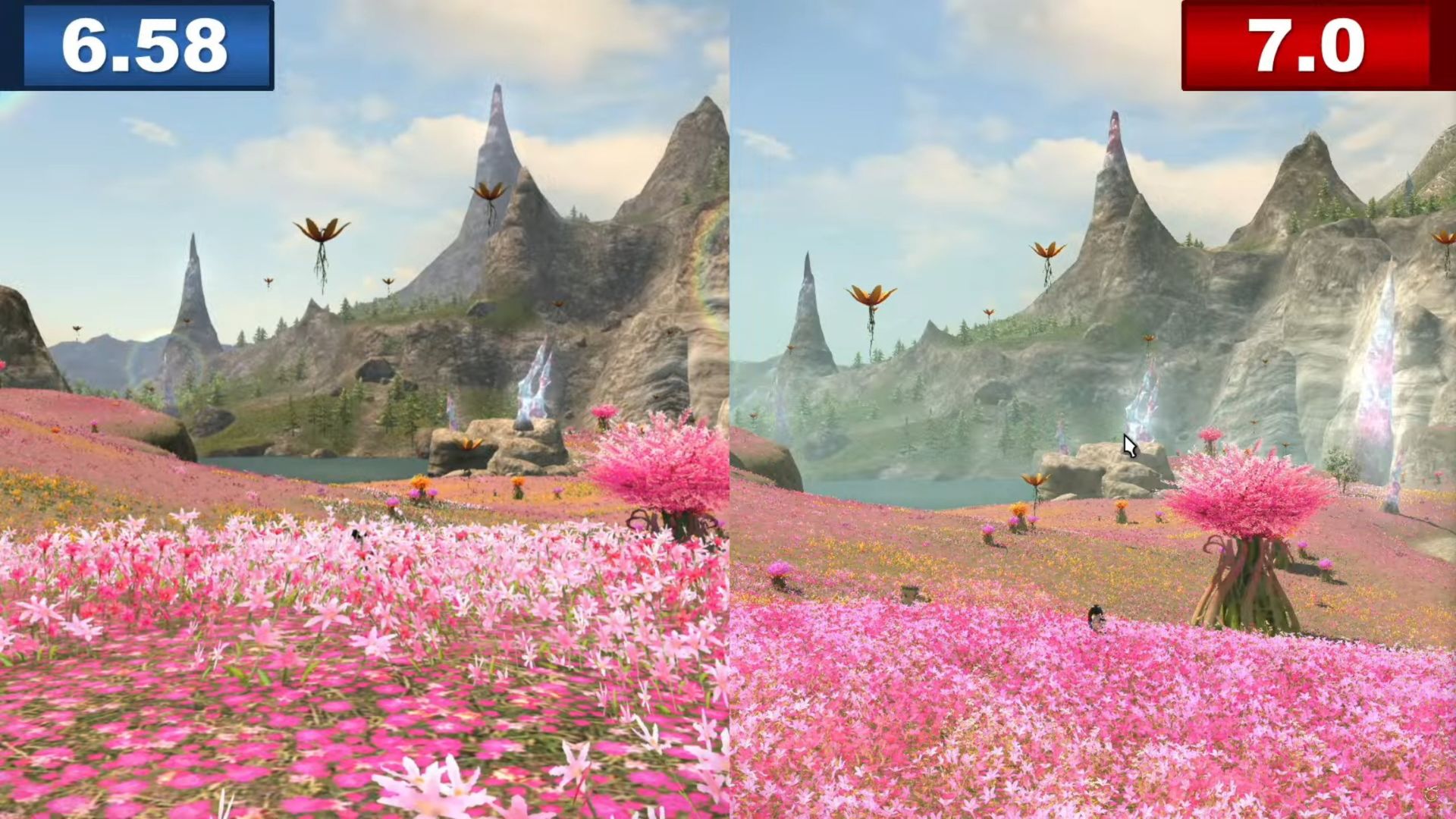 Benchmark Final Fantasy 14 Dawntrail: Zwei Aufnahmen von Feldern mit rosa Blumen, die rechte ist von besserer Qualität als die linke