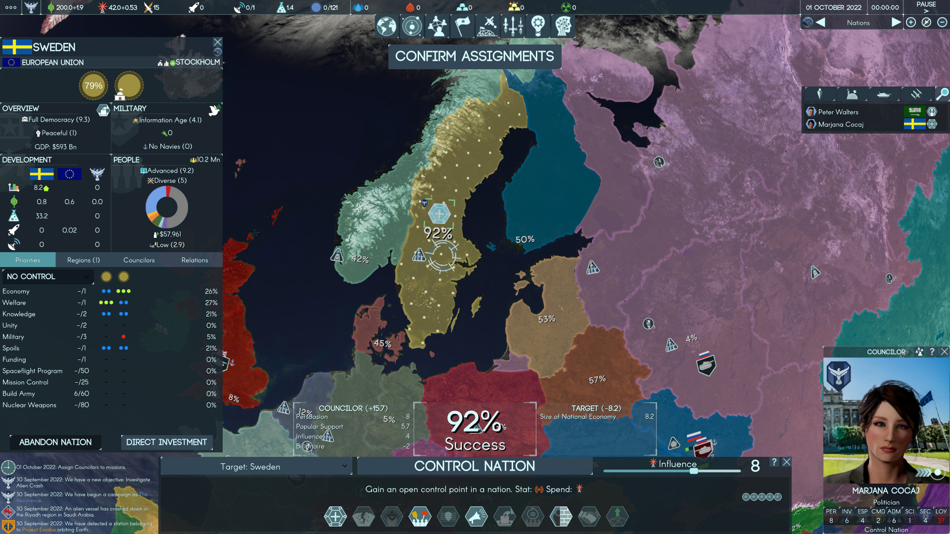 Terra Invicta aktualizace 0.4 - Mapa severozápadní Evropy s národy zbarvenými do odlišných odstínů.