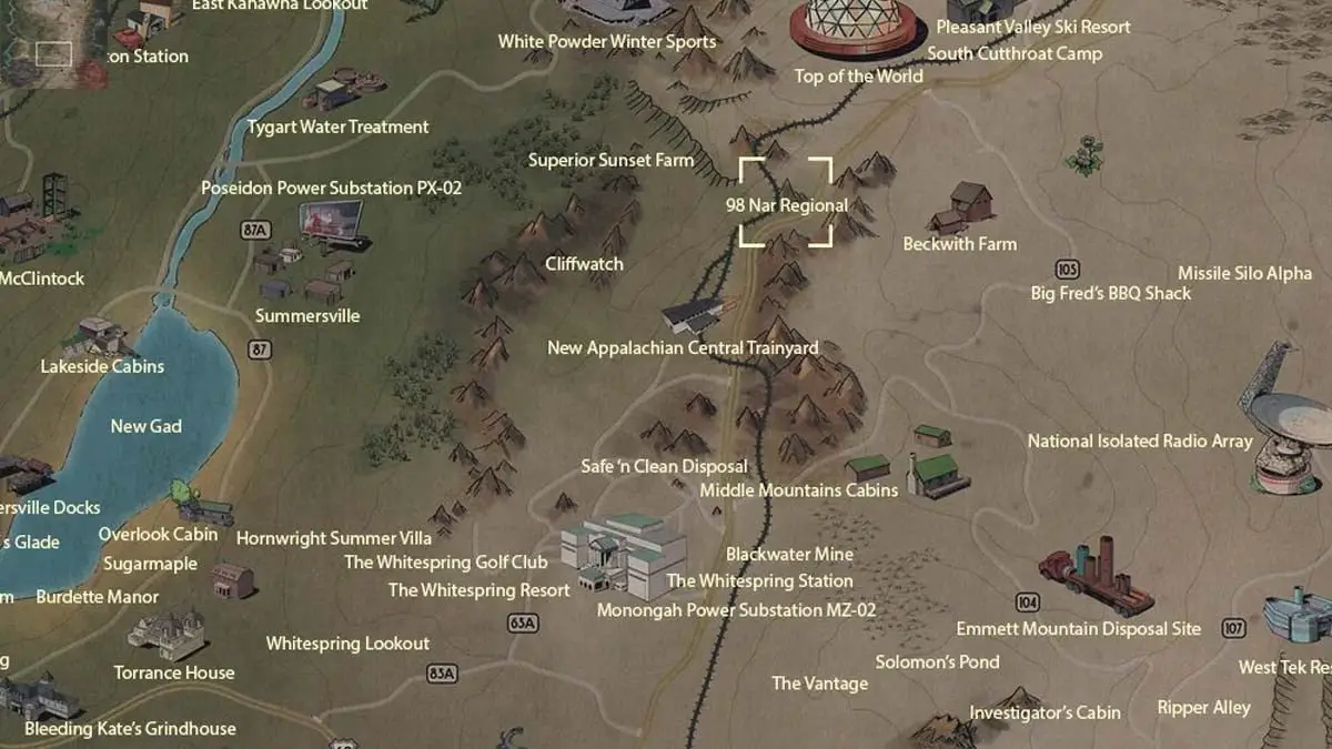 Umístění regionální mapy 98 NAR ve Fallout 76