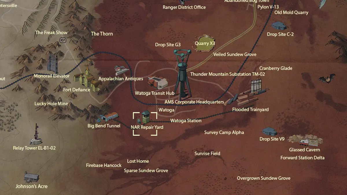 Umístění mapy NAR Repair Yard ve Fallout 76