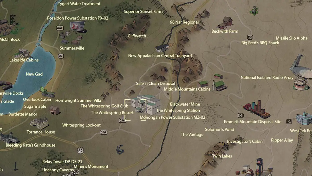 Posizione sulla mappa del bunker e del complesso di Whitespring in Fallout 76