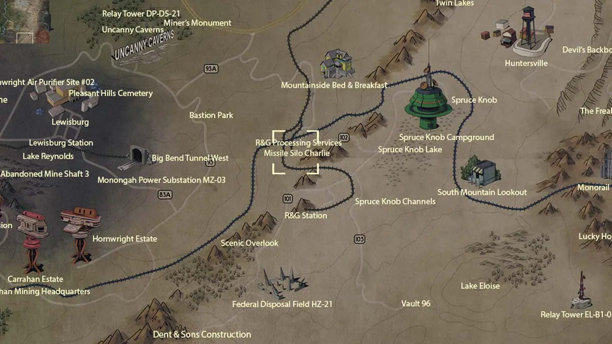 Charlie Posizione sulla mappa del sito in Fallout 76