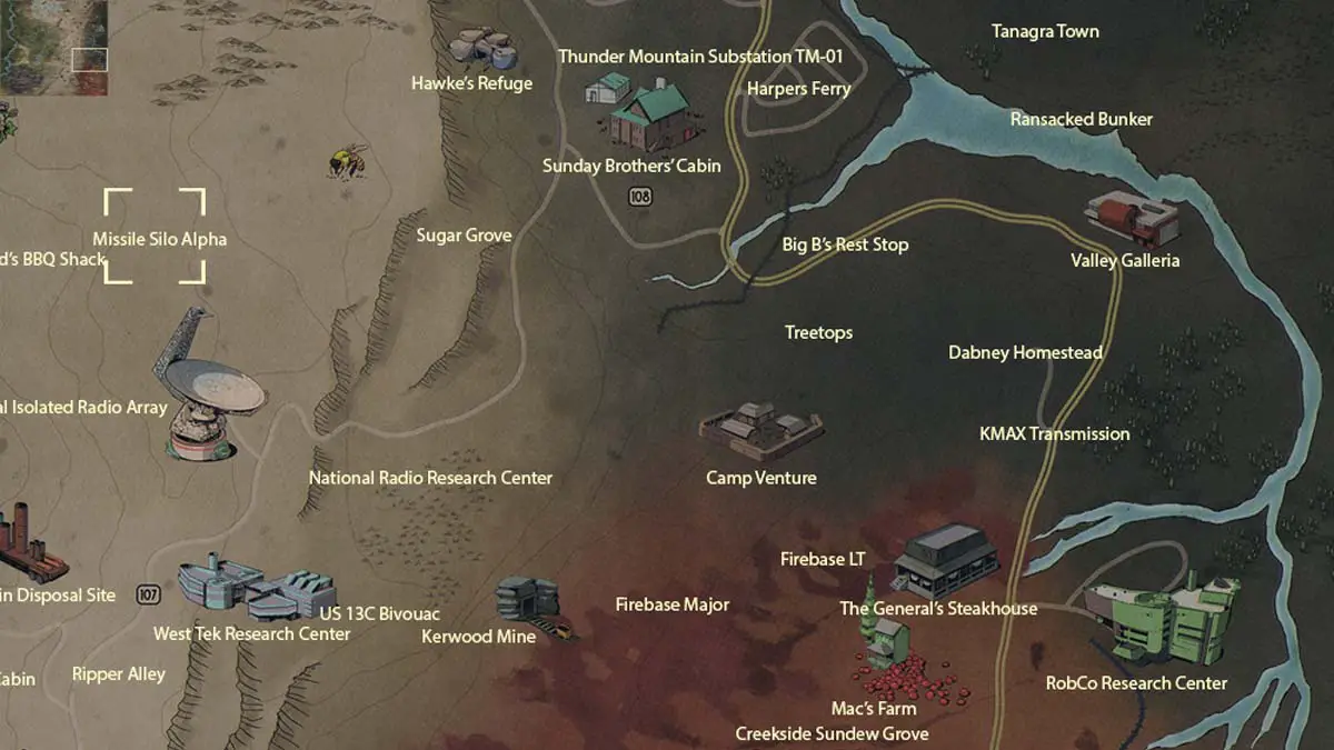 Umístění mapy stránek Alpha ve Fallout 76