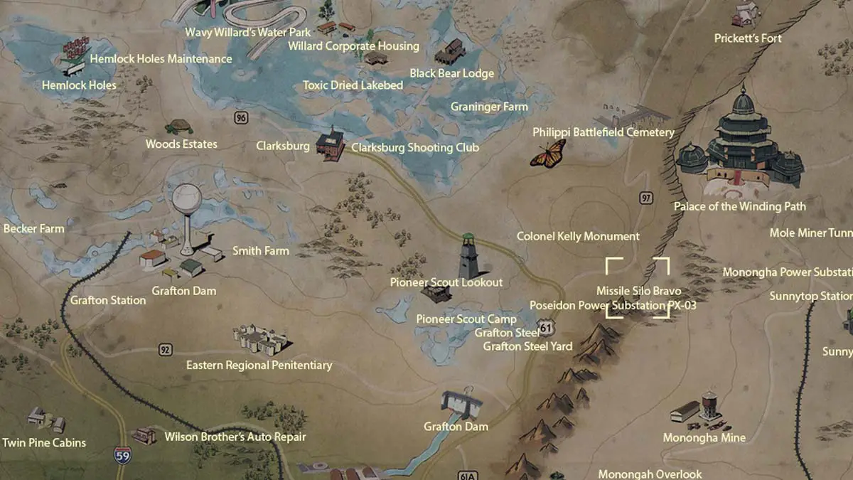 Umístění na mapě stránek Bravo ve Fallout 76