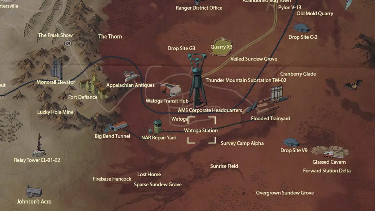 Umístění na mapě stanice Watoga ve Fallout 76