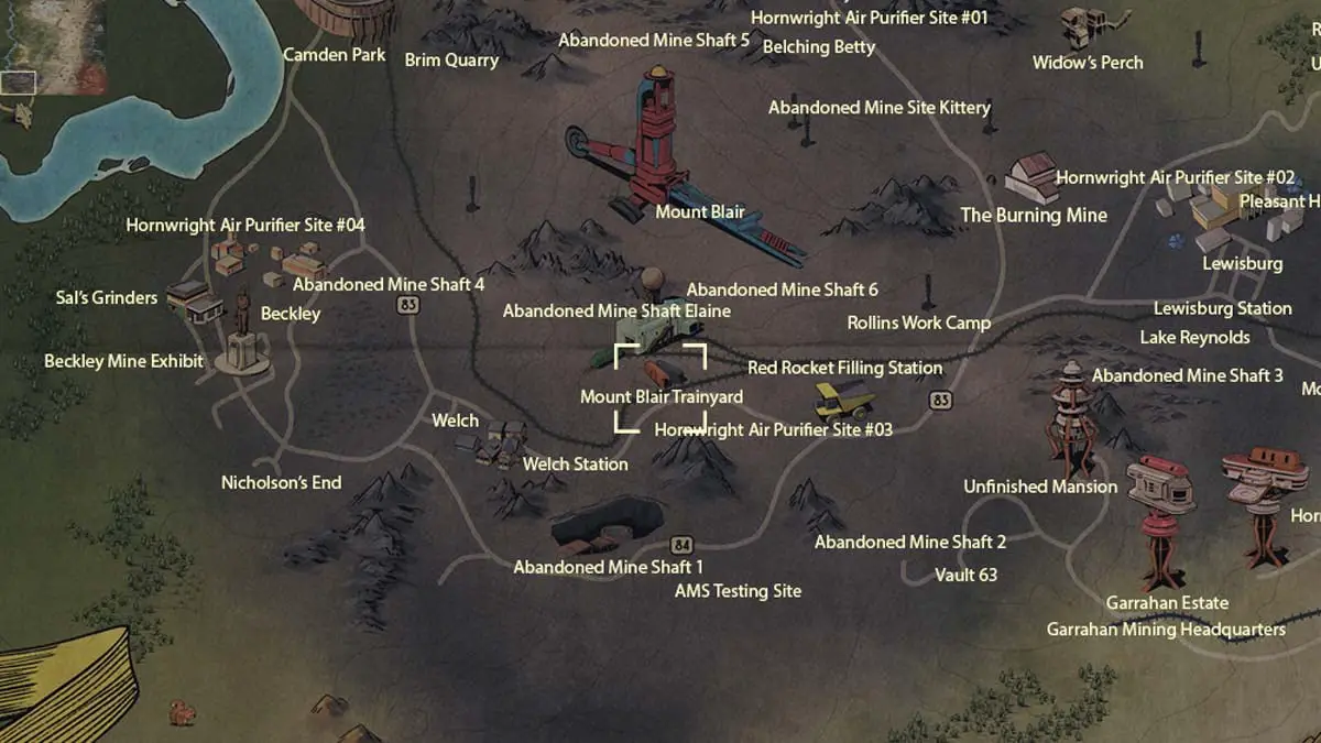 Umístění mapy Mount Blair Railyard ve Fallout 76