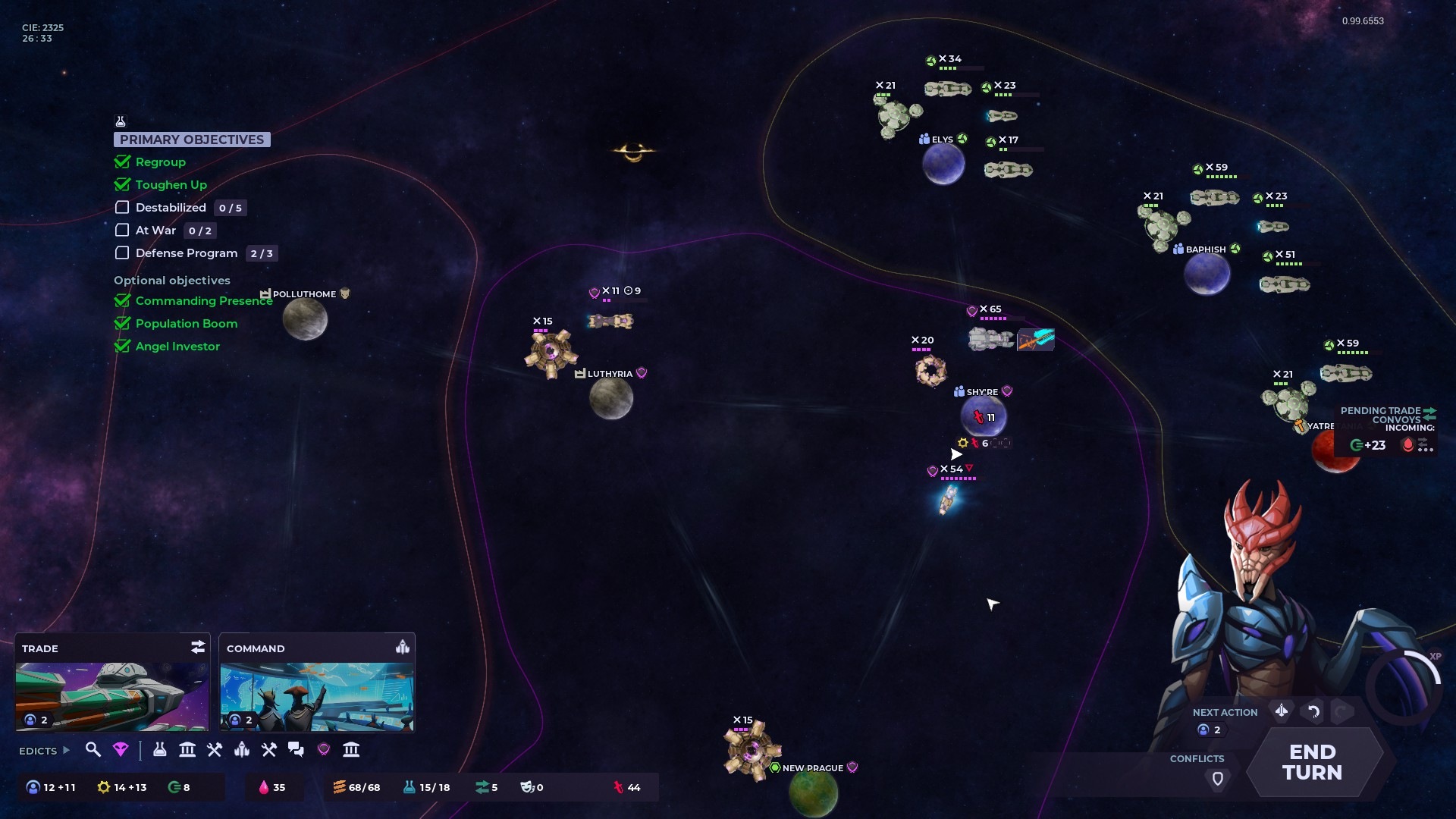 Testbericht zum Nexus 5X: Ein Foto des Weltraums, der End-of-Turn-Überlagerung des Spiels und einer außerirdischen Kreatur.