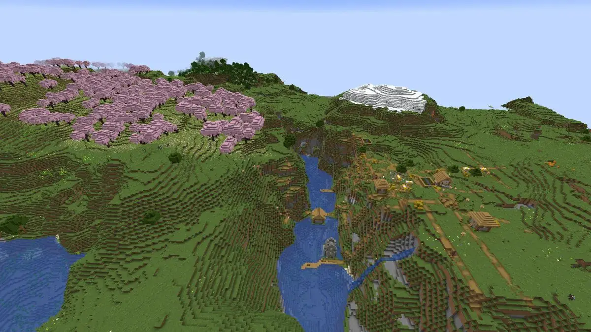 Vesnice v údolí řeky s třešněmi v Minecraftu