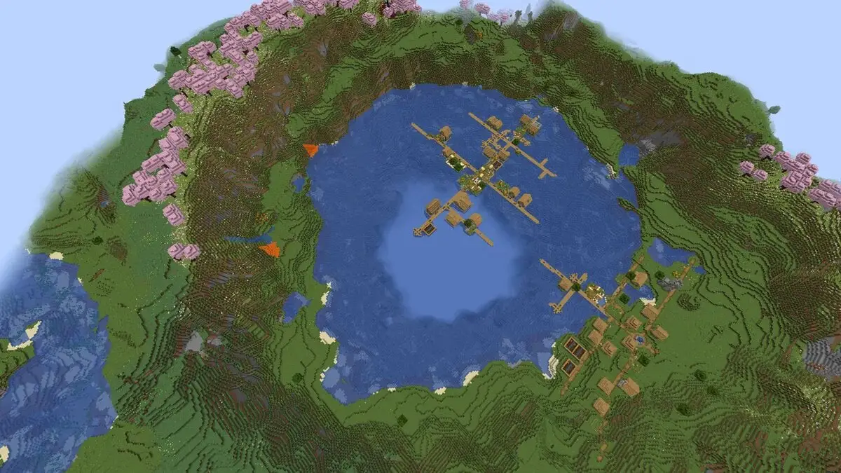 Pueblo de doble lago con huerto de cerezos en Minecraft