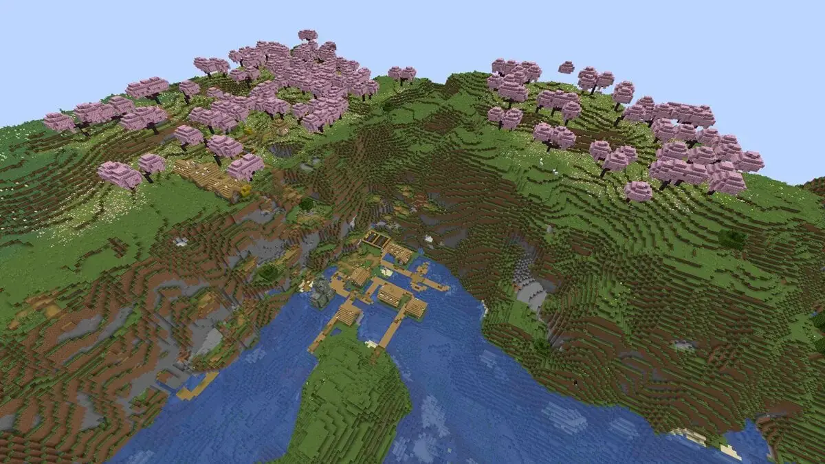 Pueblo de cerezos junto al acantilado en Minecraft