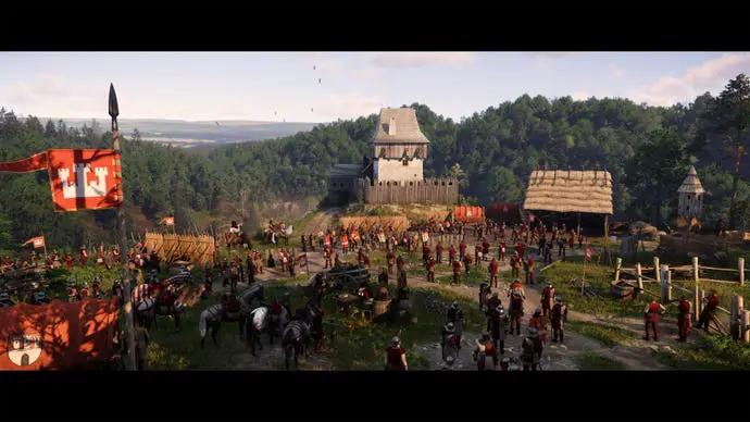 Eine Szene mit Armeen, die sich in Kingdom Come: Deliverance 2 um ein Haus versammelt haben