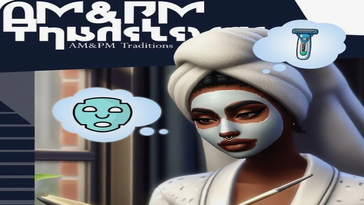 Sims tragen Maske, Handtuch und Bademantel und denken über Aufgaben nach
