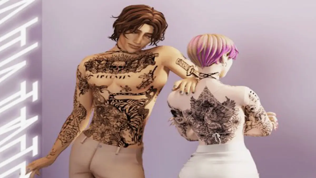 Un ragazzo e una ragazza sim stanno fianco a fianco, coperti di tatuaggi