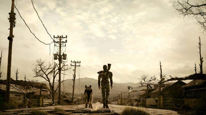 El protagonista de Fallout 3 caminando por un camino solitario.