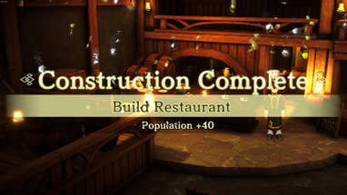 Uno schermo di congratulazioni per la costruzione di un ristorante nel castello, da Eiyuden Chronicle: Hundred Heroes.