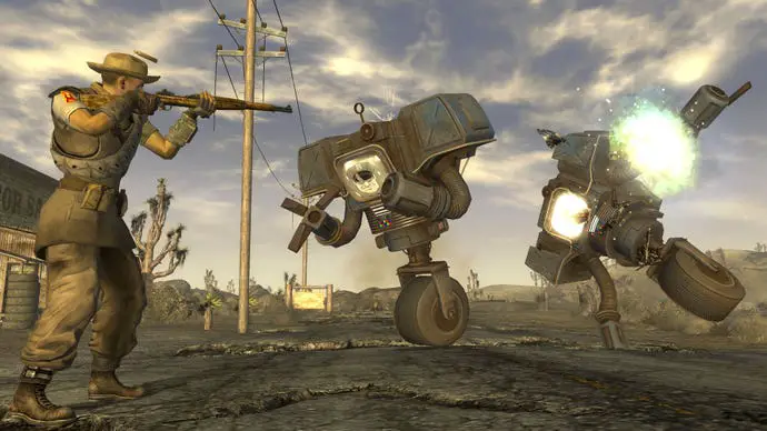 Una captura de pantalla de Fallout New Vegas que muestra al jugador apuntando a los enemigos.