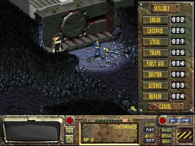 Hráčská postava stojící před poklopem Vaultu 13 v jeskyni v původním Falloutu