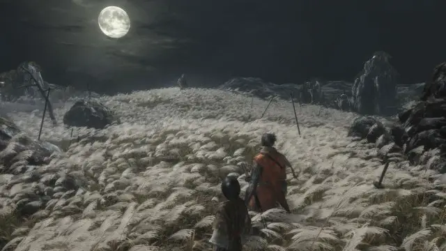 Wolf und Kuro schauen in Sekiro: Shadows Die Twice auf den Mond.