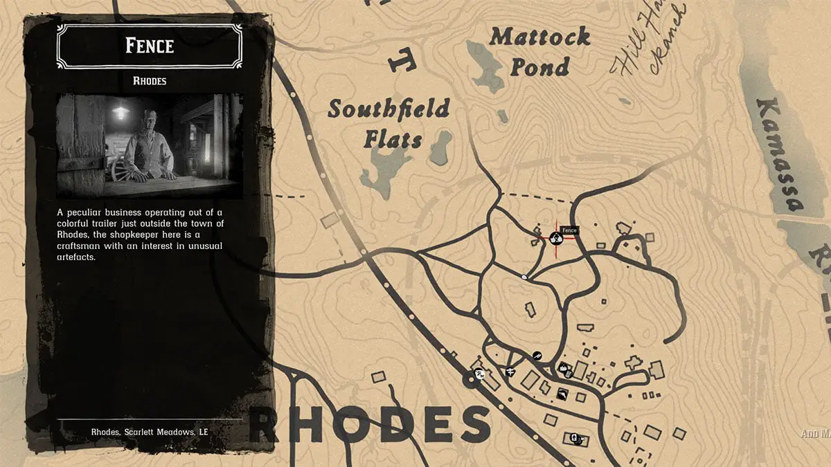 Umístění obchodníka s plotem Rhodes v Red Dead Redemption 2