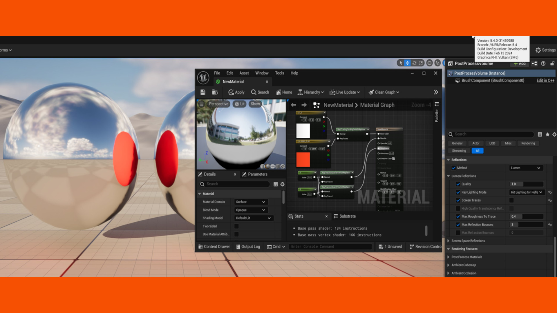 Una captura de pantalla del kit de herramientas para desarrolladores de Unreal Engine 5, en la que se puede ver el trazado de rayos en una esfera reflectante