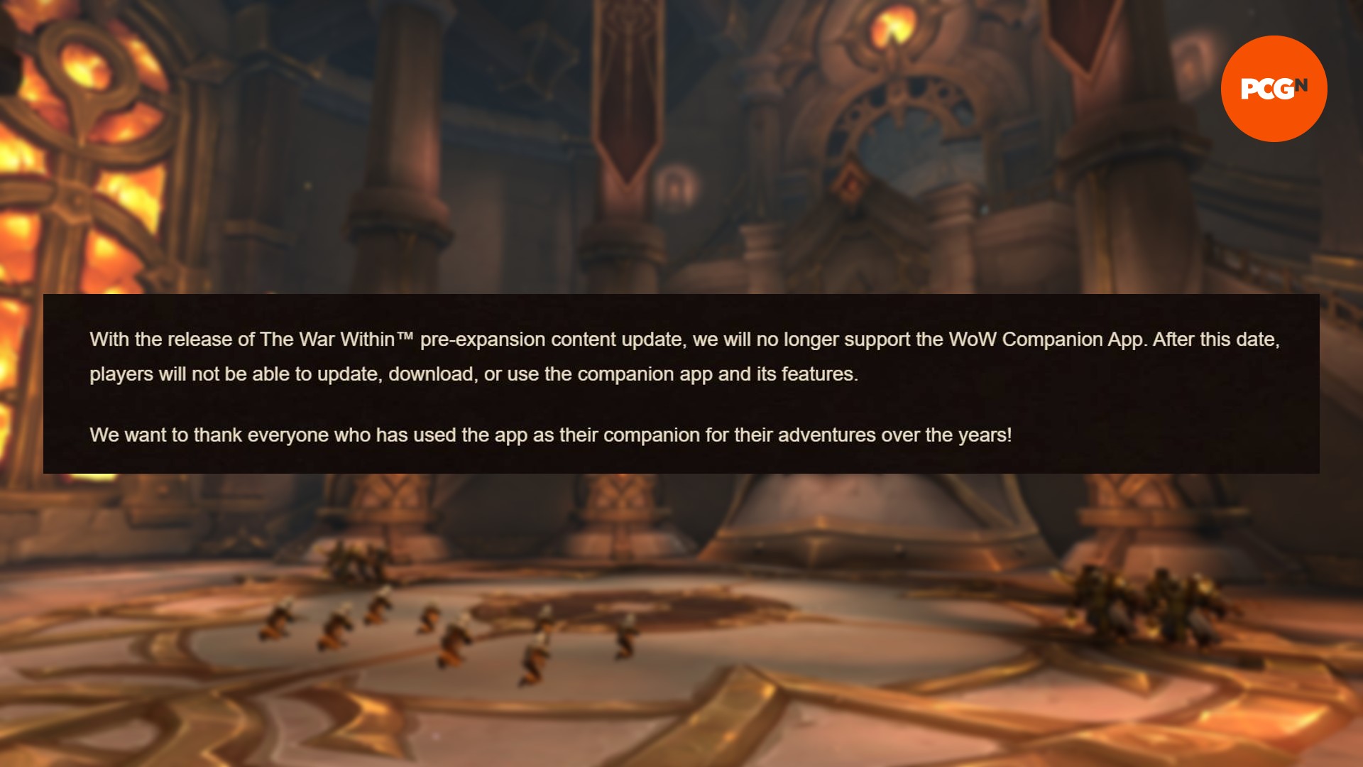 WoW The War Within dà il via a uno dei componenti aggiuntivi più trascurati di Blizzard: un'immagine dell'annuncio di Blizzard che l'app WoW Companion verrà ritirata in uno sfondo simile a una chiesa.