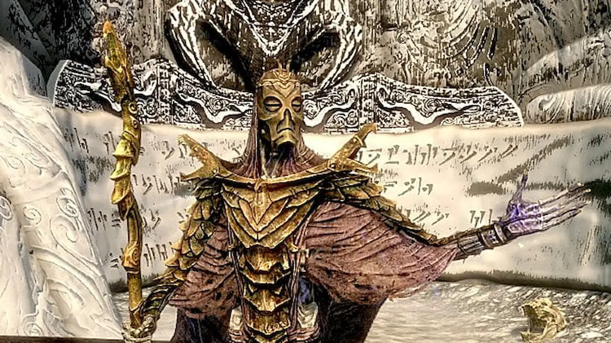 Sacerdote del drago che indossa una maschera da drago di Krose con un bastone in una mano