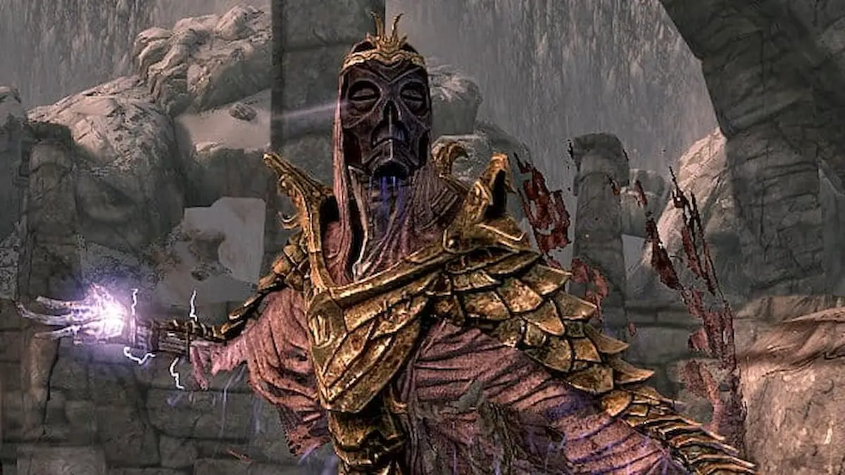 Sacerdote Drago che indossa una maschera da Sacerdote Drago Nahkriin con un incantesimo in mano