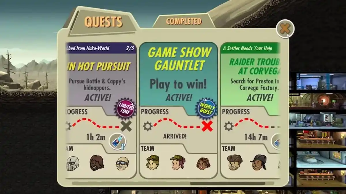 Registro delle missioni del Game Show Gauntlet.