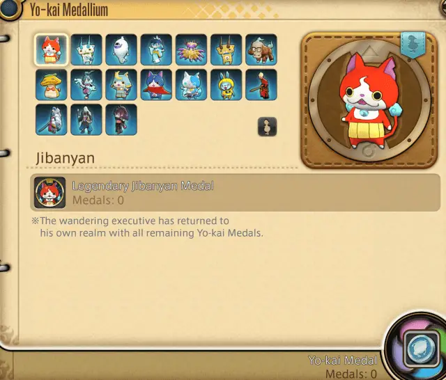 Okno události Yo-Kai Watch FFXIV, kde hráči mohou vidět všechny miniony a aktuální počet Yokai medailí za spolupráci