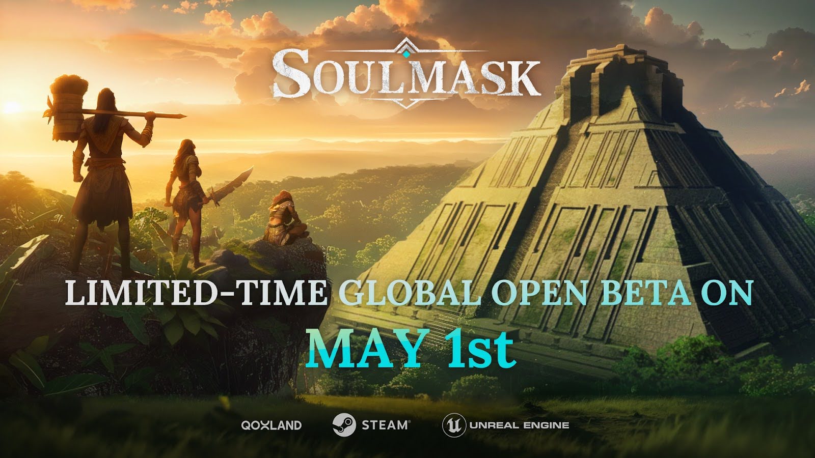 Soulmask Steam Survival Game: Válečník s výhledem na chrám ve hře Steam na přežití Soulmask