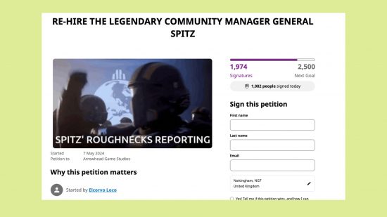 Pétition Helldivers 2 Spitz : Une image de la pétition pour réembaucher le spitz helldivers 2 community manager.