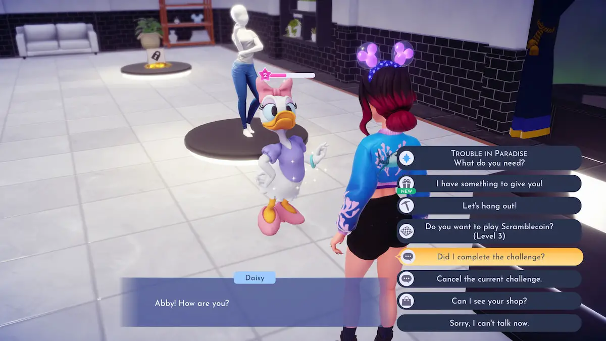 Daisy Duck dans la boutique, options de dialogue avec possibilité de relever le défi dans Disney Dreamlight Valley