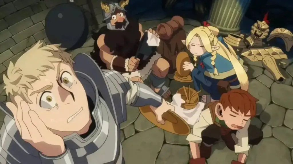 The main characters of Delicious in Dungeon floundering as they prepare a meal.