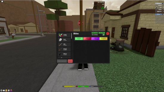 L'écran Skins que vous ouvrez avec le bouton de poitrine en bas à gauche de l'écran, où vous pouvez entrer les codes Da Hood.