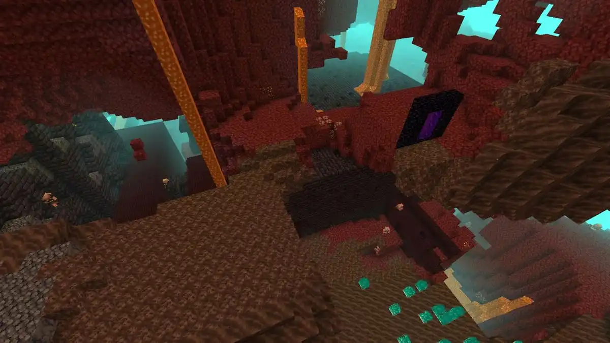 Portail en ruine et forteresse du Nether dans Minecraft