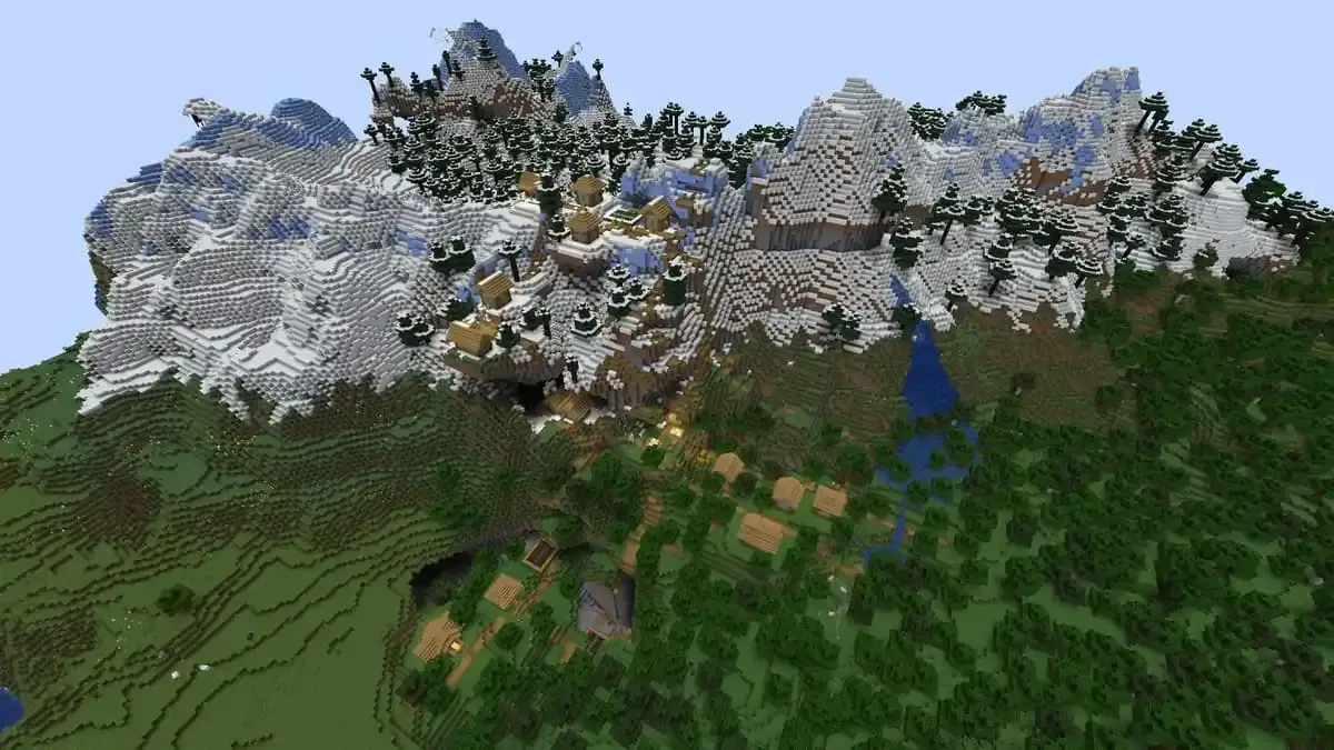 Collines enneigées et village dans Minecraft