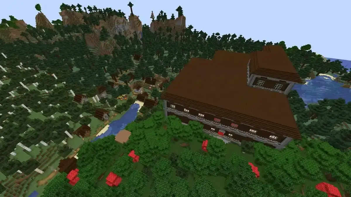 Manoir et village dans les bois dans Minecraft