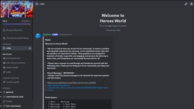 Roblox Heroes World Discord-Regelkanal