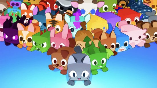 Un grupo de mascotas de Pet Simulator 99 corriendo hacia adelante.