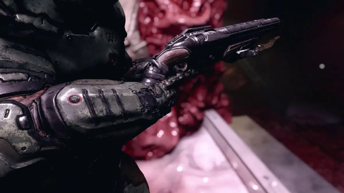 Starfield: La main de Doom Guy tient un fusil de chasse.